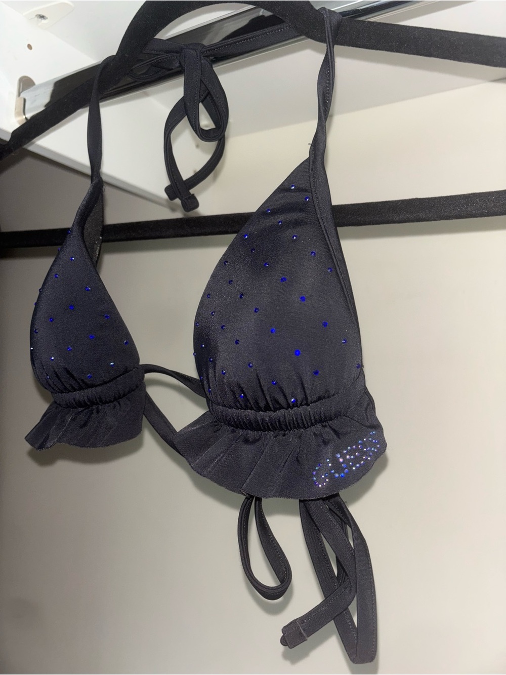 Guess Rhinestone Black Bikini Top with Blue & Ruffles Size XS